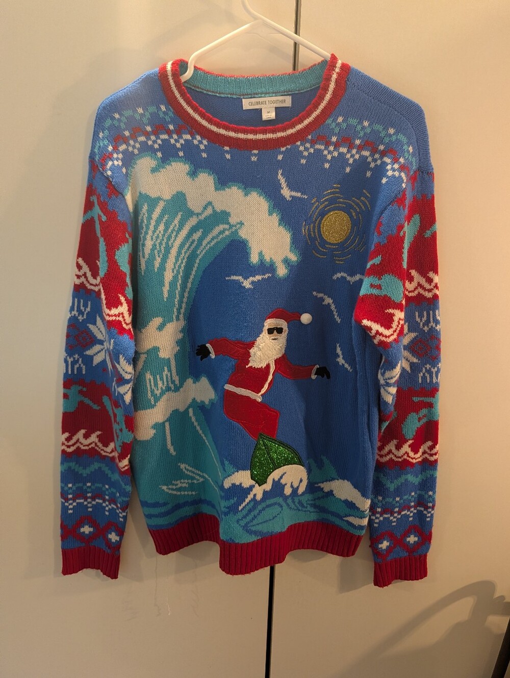 Celebrate Together Men's Medium Blue Surfing Santa Sweater